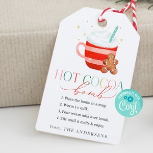 Etiqueta imprimible para bomba de chocolate caliente, instrucciones para bomba de chocolate caliente navideña, etiqueta de regalo de chocolate, edita con Corjl, GT-126