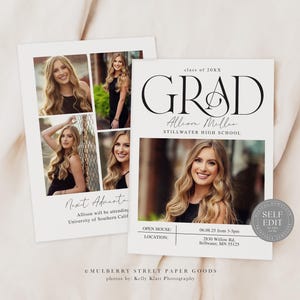 May include: A graduation announcement with a collage of photos of a young woman. The announcement is white with black text that reads "GRAD" and "Allison Miller" with the school name "Stillwater High School". The announcement also includes an open house date and location.
