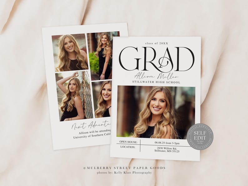 May include: A graduation announcement with a collage of photos of a young woman. The announcement is white with black text that reads "GRAD" and "Allison Miller" with the school name "Stillwater High School". The announcement also includes an open house date and location.