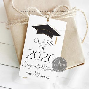 Editable Class of 2026 Graduation Gift Tag Printable Personalized Grad Party Decor Favor Tags Canva Template