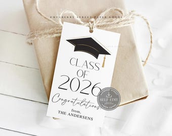 Etiqueta de regalo de graduación de 2026 editable, imprimible, personalizada, para decoración de fiesta de graduación, plantilla Canva