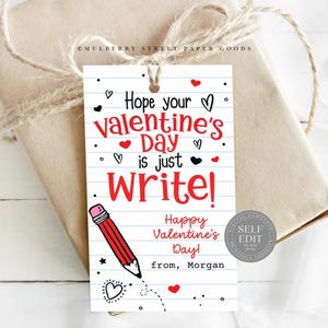 Just Write Valentine Card Digital Download Pencil Classroom Valentine Non Candy Valentine's Day Gift For Kids Valentine Party Favor Corjl