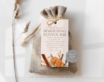 Editable Autumn Simmering Potpourri Gift Tag, Fall Simmer Pot Favor Tags, Hostess Gift