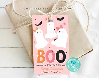 Utskrivbar Halloween-presentetikett Spöken, Ghouls, Rosa Halloween-godisetikett Halloween-festfavör Boo-påseetikett Pastell Halloween Direktnedladdning Corjl
