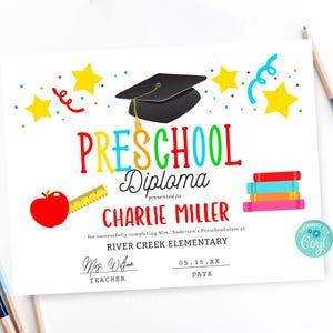 Diploma de preescolar editable Descarga digital Certificado de preescolar imprimible Descarga instantánea Plantilla de diploma de graduación de preescolar Corjl