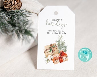 May include: White gift tag with the text "Happy holidays with love from, The Miller Family" and a watercolor illustration of two wrapped gifts with red ribbon and green sprigs.