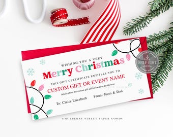 Certificado de regalo navideño editable, imprimible, descarga digital, plantilla Canva, vale navideño personalizado Corjl