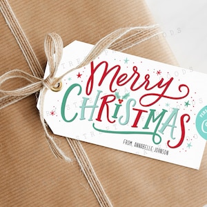 Druckbare frohe Weihnachten Geschenkanhänger Digital Download Personalisierte Weihnachtsgeschenkanhänger Helle Weihnachten Hang Tag Bearbeitbar mit Corjl