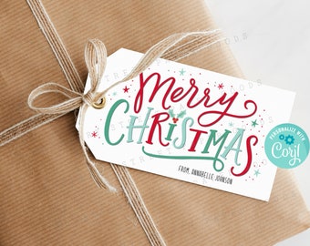 Etichetta regalo di Buon Natale, modello Corjl, stampabile per le feste, modificabile, rossa e verde