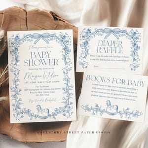 Paquete de invitación editable para baby shower en tela azul Toile De Jouy Plantilla de Canva para invitación editable para baby shower en tela azul Corjl Descarga imprimible