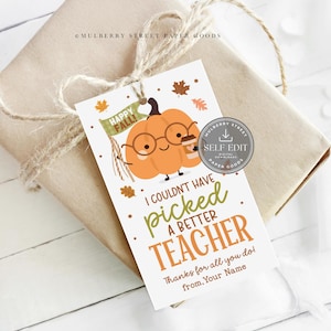 Fall Teacher Gift Tag Canva Template, Pumpkin Design (Digital Download)