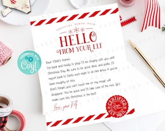 以下が含まれることがあります： 赤と白のストライプの入った手紙に、赤い文字で「Hello from your elf」と書かれています。手紙は子供宛てで、エルフからのメッセージが書かれています。手紙は赤と白のストライプの縁取りと、赤と白の「Certified Elf Mail」のスタンプが付いています。