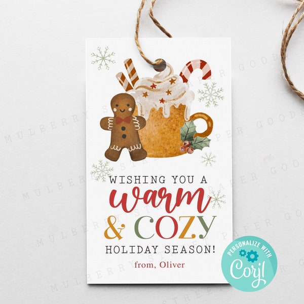 Printable Wishing You a Warm and Cozy Holiday Season Gift Tag, Gingerbread Cookie and Hot Cocoa Mug Christmas Tag, Christmas Favor Tag