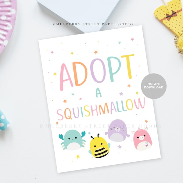 Instant Download Adopt A Squish Table Sign Printable Plush Toy Editable Squish Adoption Station Printable Sign Birthday Party PDF