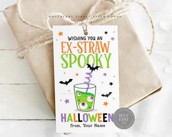 Spooky Straw Halloween Gift Tag Digital Download Straw Topper Halloween Party Favor Halloween Printable Canva Corjl Template