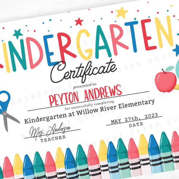 Printable Kindergarten Certificate, Editable Kindergarten Diploma, Personalize with Corjl, Instant Download, Last Day of School