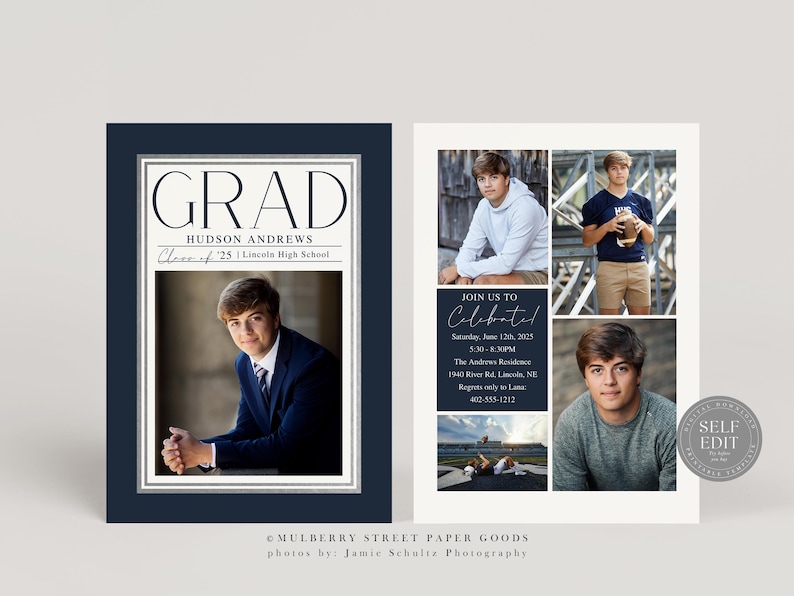 K&ouml;nnte beinhalten: Eine Graduation-Ank&uuml;ndigung mit einem marineblauen Hintergrund und silbernen Verzierungen. Die Ank&uuml;ndigung zeigt ein Foto eines jungen Mannes im Anzug und mit Krawatte, sowie den Text "GRAD" in fetter, wei&szlig;er Schrift. Die Ank&uuml;ndigung enth&auml;lt auch den Namen des Absolventen, "Hudson Andrews", und das Jahr des Abschlusses, "Class of '25". Die Ank&uuml;ndigung enth&auml;lt auch den Namen der High School, "Lincoln High School". Die Ank&uuml;ndigung enth&auml;lt auch eine Fotocollage des Absolventen in verschiedenen Umgebungen, darunter ein Foto von ihm in einer Footballuniform. Die Ank&uuml;ndigung enth&auml;lt auch den Text "Join us to Celebrate" und das Datum und die Uhrzeit der Abschlussfeier. Die Ank&uuml;ndigung enth&auml;lt auch die Adresse der Abschlussfeier. Die Ank&uuml;ndigung enth&auml;lt auch den Text "Mulberry Street Paper Goods" und den Namen des Fotografen, "Jamie Schultz Photography".