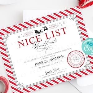 Certificato di lista dei buoni modificabile, certificato di lista dei buoni di Babbo Natale personalizzato, lista dei buoni di Natale personalizzabile, Corjl