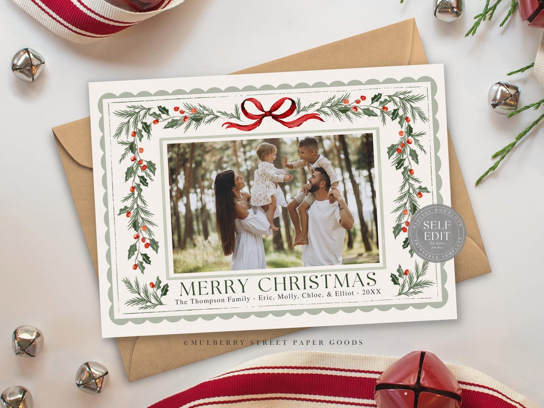 Editable Christmas Card Printable Digital Download Red Green Watercolor ...