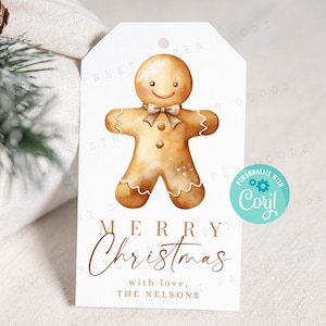 Druckbare frohe Weihnachten Lebkuchen Mann Geschenkanhänger, süßer Lebkuchen bearbeitbare frohe Feiertage Geschenkanhänger, DIY Geschenkanhänger, personalisieren mit Corjl