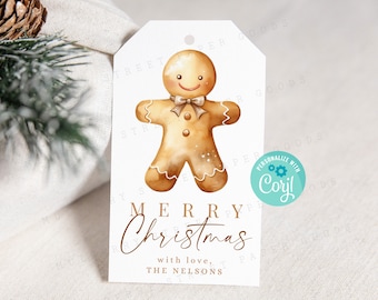 May include: A white gift tag with a gingerbread man illustration and the text "Merry Christmas with love, THE NELSONS". The tag is decorated with a blue circle with the text "PERSONALIZE WITH Coril!"