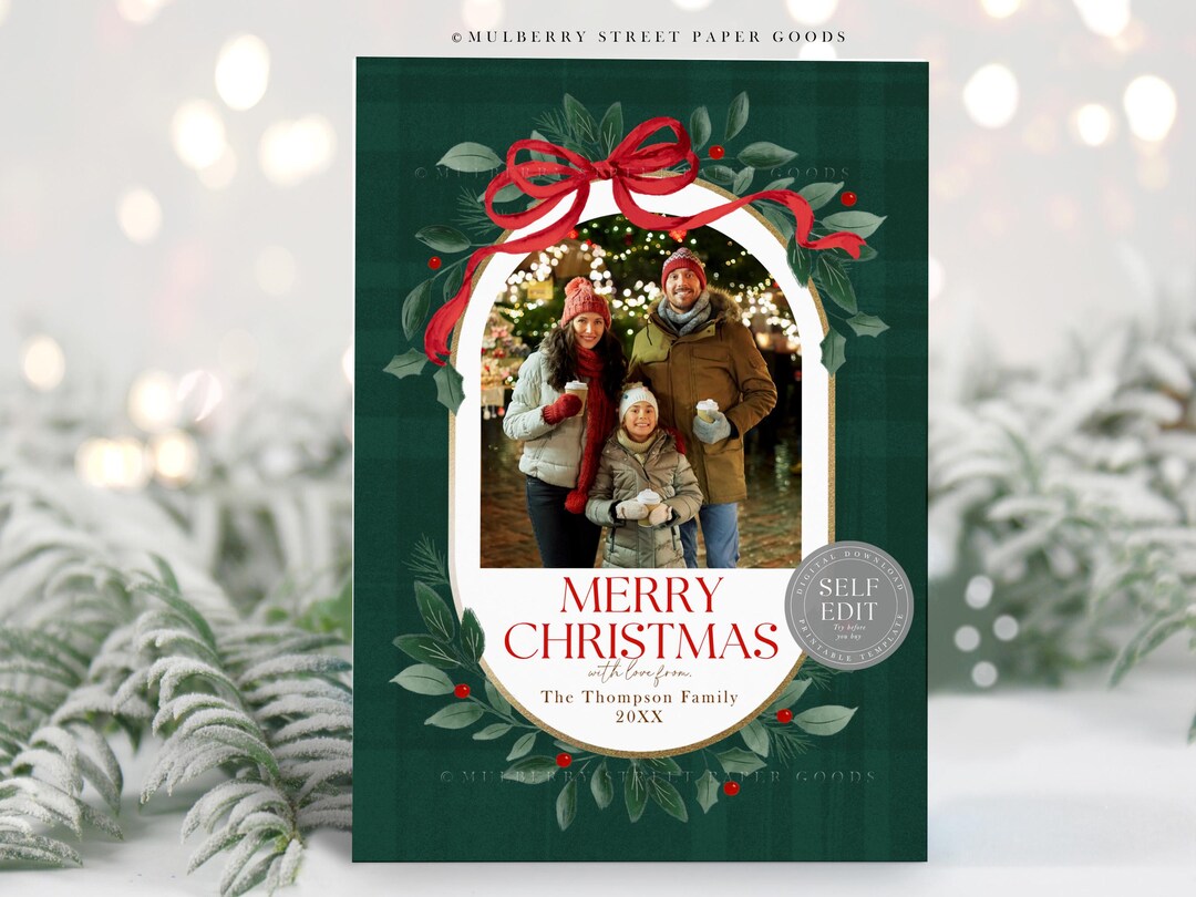 Editable Christmas Card Printable Digital Download Green Red Bow Custom ...
