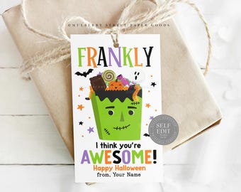 Frankenstein Halloween Printable Gift Tag Digital Download Green Trick Or Treat Halloween Party Favors Halloween Gift Canva Corjl Template