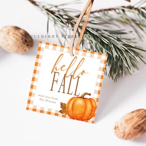 May include: Orange and white gingham gift tag with the text "hello fall" in brown lettering. A watercolor illustration of an orange pumpkin with a green stem and leaves is below the text. The text "with love from, The Wilsons" is at the bottom of the tag.