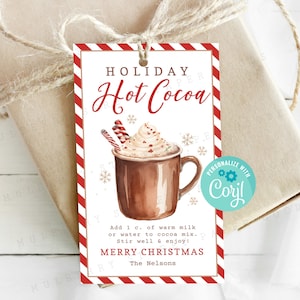 Etiqueta de presente de chocolate quente para férias para impressão, etiqueta com instruções de mistura de chocolate quente de Natal, todo o texto, totalmente editável, amigo secreto, professor, equipe, cliente