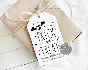 Printable Halloween Treat Tag Canva Template, Editable Bat Trick or Treat Gift Tags