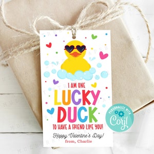 Printable I Am One Lucky Duck To Have a Friend Like You Valentine's Day Card, Kids Classroom Valentine Rubber Duck, Editable with Corjl