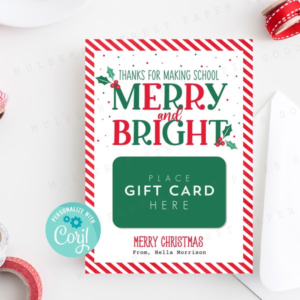 Printable Thank You For Making School Merry and Bright Gift Card Holder, Teacher Christmas Gift Card Holder Printable, 5x7 Gift Card Holder