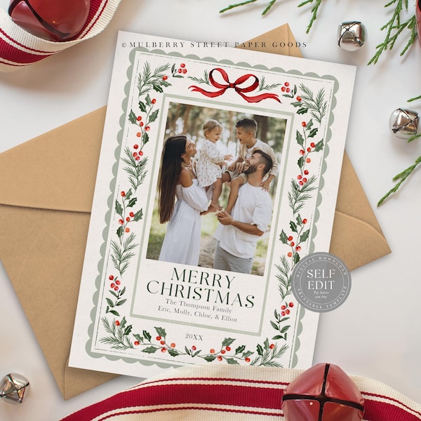 Editable Christmas Card Printable Digital Download Watercolor Custom Holiday Photo Card Red Green Personalized Card Canva Template Corjl
