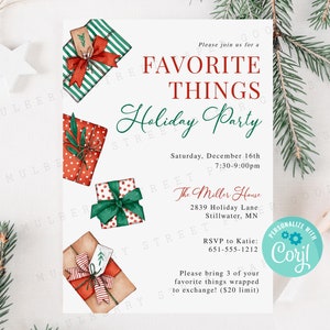 Editable Christmas Party Invite, Favorite Things Holiday Party Invitation, Printable Friendsmas Gift Exchange Template, Edit with Corjl