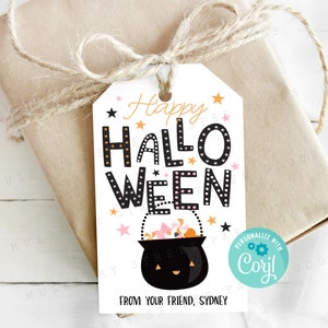 Étiquette de sac à friandises Happy Halloween imprimable, étiquette de cadeau Halloween des bonbons ou des sorts à imprimer, à personnaliser avec Corjl