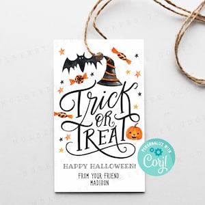 Étiquette cadeau imprimable Trick or Treat, étiquette de sac Happy Halloween Treat, étiquette cadeau Halloween modifiable, étiquette Trick or Treat pour la classe