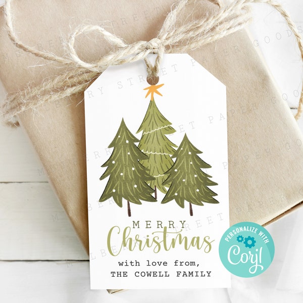 Printable Merry Christmas Trees Gift Tag, Modern Christmas Trees Bag Tag, Editable with Corjl