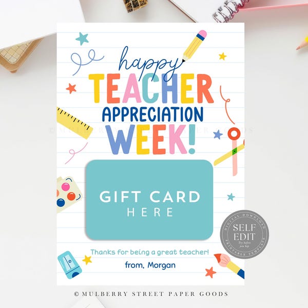 Teacher Appreciation Gift Card Holder Canva Template Teacher Appreciation Gift Card Printable Instant Download Teacher Thank You Gift Corjl