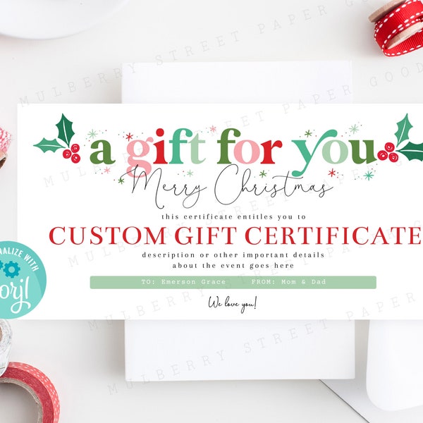 Custom Christmas Gift Certificate Printable, Editable A Gift For You Merry Christmas Custom Gift Certificate, Last Minute Gift Idea
