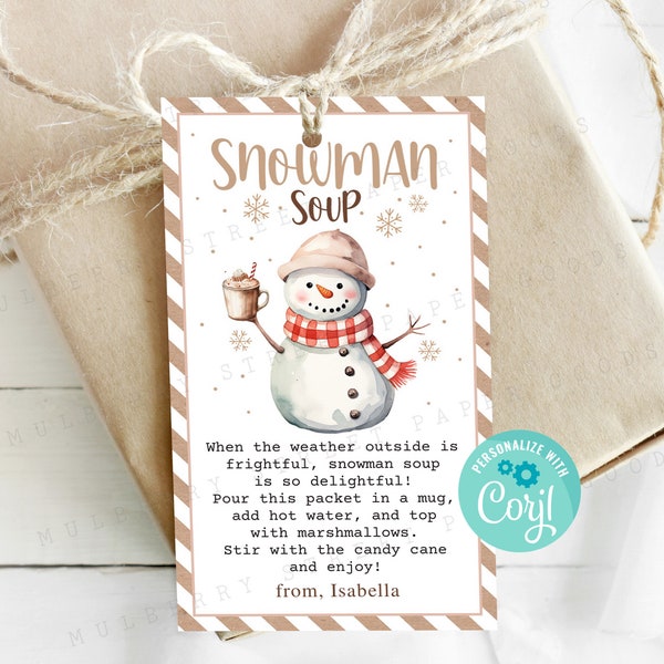 Snowman Soup Instructions Gift Tag Printable, Hot Cocoa Christmas Party Favor Tag, Hot Chocolate Holiday Treat Tag Teacher Student Tag