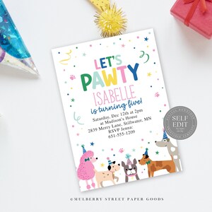 May include: A white invitation card with the text "LET'S PAWTY" and "ISABELLE is turning five!" surrounded by colorful confetti and stars. The card features illustrations of cartoon dogs wearing party hats. Party supplies are in the background.