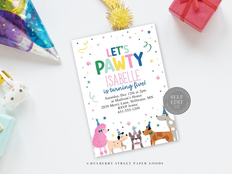 May include: A white invitation card with the text "LET'S PAWTY" and "ISABELLE is turning five!" surrounded by colorful confetti and stars. The card features illustrations of cartoon dogs wearing party hats. Party supplies are in the background.