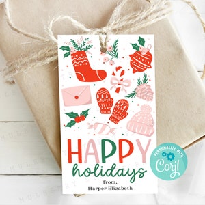 Etiqueta de presente editável de Boas Festas, etiqueta de lembrancinha de festa de Natal para impressão, professor, colega de trabalho, anfitriã, crianças, amigo secreto, editável em Corjl