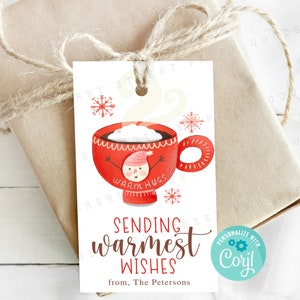 Afdrukbaar verzenden van warmste wensen Cadeaukaartje kerst, cadeaukaartje warme chocolademelk vakantie, bewerkbare mok warme chocolademelk, personaliseren met Corjl