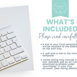 May include: A white computer keyboard is positioned in the lower left corner of the image. Text on the right side reads "WHAT'S INCLUDED" and "Please read carefully!" followed by bullet points about templates and downloads.