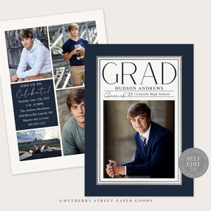 K&ouml;nnte beinhalten: Eine Graduation-Ank&uuml;ndigung mit einem dunkelblauen Hintergrund und silbernem Rand. Die Ank&uuml;ndigung zeigt ein Foto eines jungen Mannes im Anzug und mit Krawatte sowie den Text "GRAD" in gro&szlig;en, fetten Buchstaben. Der Text "HUDSON ANDREWS" und "Class of '25 | Lincoln High School" ist ebenfalls enthalten.