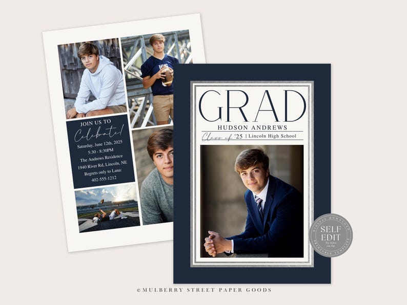 K&ouml;nnte beinhalten: Eine Graduation-Ank&uuml;ndigung mit einem dunkelblauen Hintergrund und silbernem Rand. Die Ank&uuml;ndigung zeigt ein Foto eines jungen Mannes im Anzug und mit Krawatte sowie den Text "GRAD" in gro&szlig;en, fetten Buchstaben. Der Text "HUDSON ANDREWS" und "Class of '25 | Lincoln High School" ist ebenfalls enthalten.