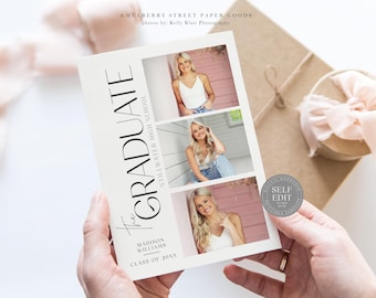 May include: A white graduation announcement card with a black and white design. The card features a photo collage of a graduate in three different poses. The text on the card reads "The Graduate", "Stillwater High School", "Madison Williams", and "Class of 20XX".