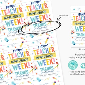 May include: Printable teacher appreciation week gift tags with a colorful design featuring pencils, stars, and a ruler. The tags say "Happy Teacher Appreciation Week! Thanks for all you do!" and "From: North Hudson PTO". The tags are 2 inches by 3.5 inches.