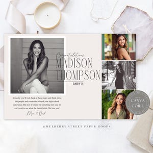 May include: A graduation announcement with a central black and white portrait of a woman, the name "MADISON THOMPSON" in large text, and additional photos. The text includes "Congratulations" and "Class of '25".
